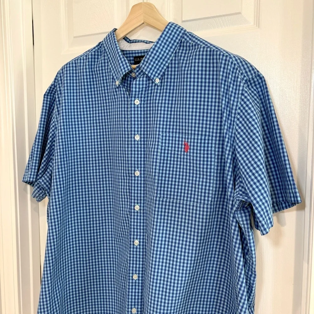 US Polo Assn Blue Checked Button Up Short Sleeve Button Up Casual Shirt Men 2XL